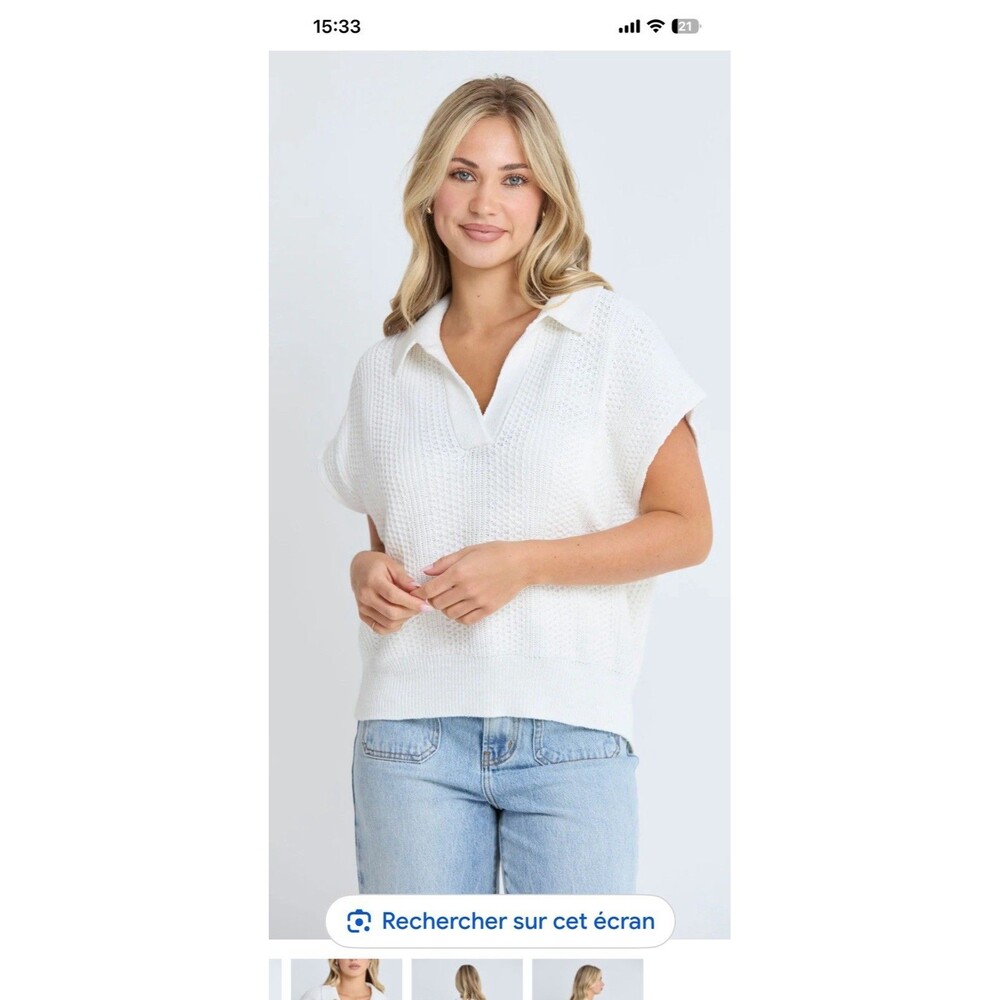Stella V Neck Collar White Knit Honeycomb Cap Sleeves Retro L